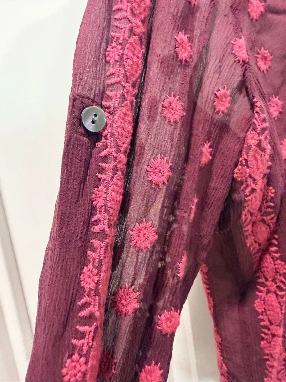 Zoa New York Silk Sheer Embroidered Blouse Burgundy Red Dot Boho Sz L